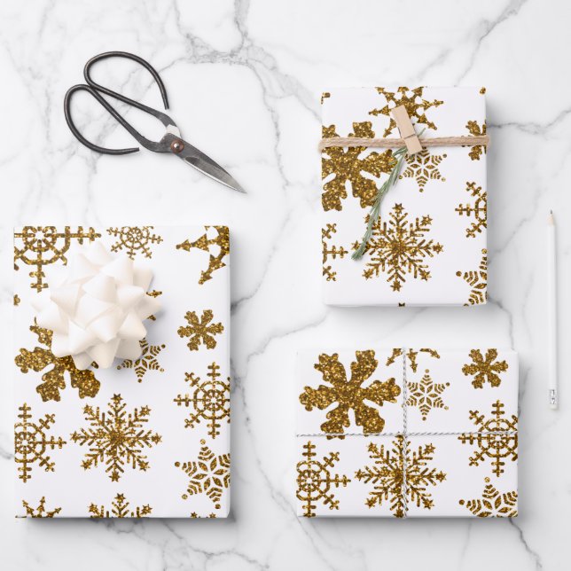 Feuille De Papier Cadeau Parties scintillant d'or Snowflakes Motif de Noël (Recto)