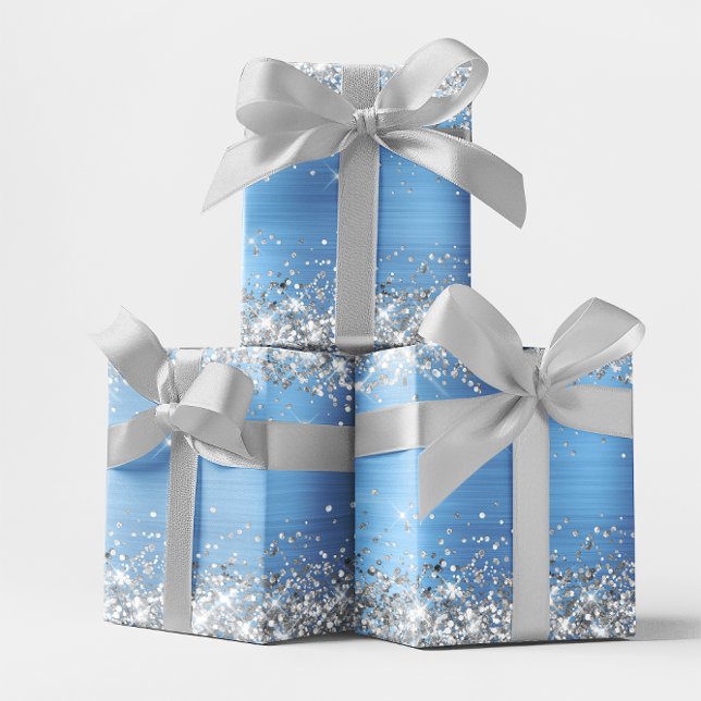 Feuille De Papier Cadeau Parties scintillant en argent et huile Ombre bleu  (Silver Glitter and Light Blue Ombre Foil Wrapping Paper Sheets)