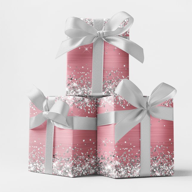Feuille De Papier Cadeau Parties scintillant en argent et huile Ombre rose  (Silver Glitter and Light Pink Ombre Foil Wrapping Paper Sheets)