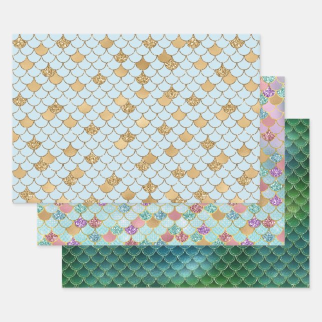 Feuille De Papier Cadeau Parties scintillant en or bleu de Mermaid (Lot)