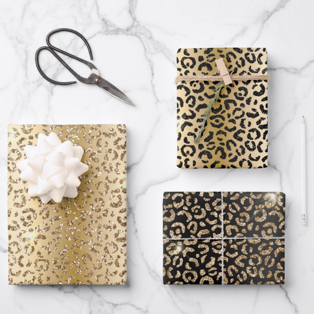 Feuille De Papier Cadeau Parties scintillant en or de verre noir Leopard (Recto)