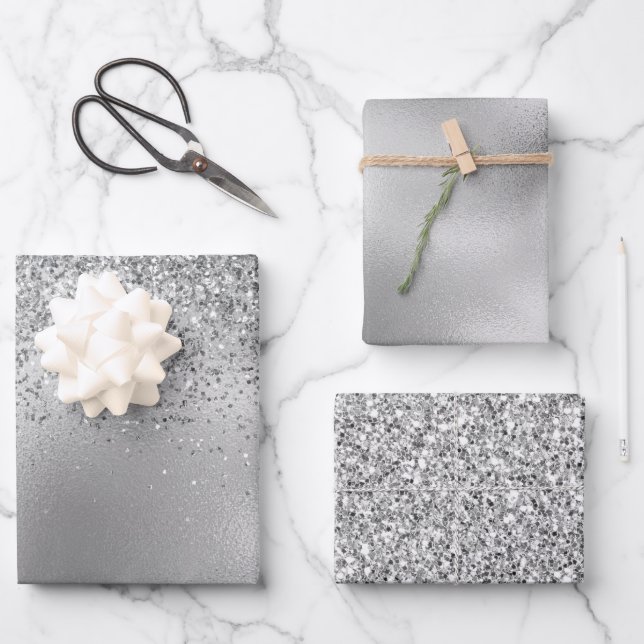 Feuille De Papier Cadeau Parties scintillant étincelante en argent glam (Recto)