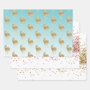 Feuille De Papier Cadeau Parties scintillant Girl Aqua Gold Confetti Unicor