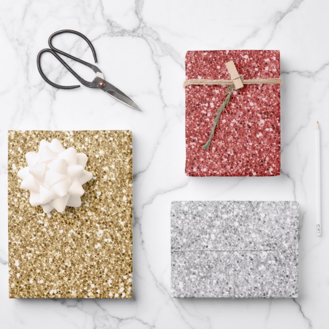 Feuille De Papier Cadeau Parties scintillant Gold Silver Red Glitz      (Recto)