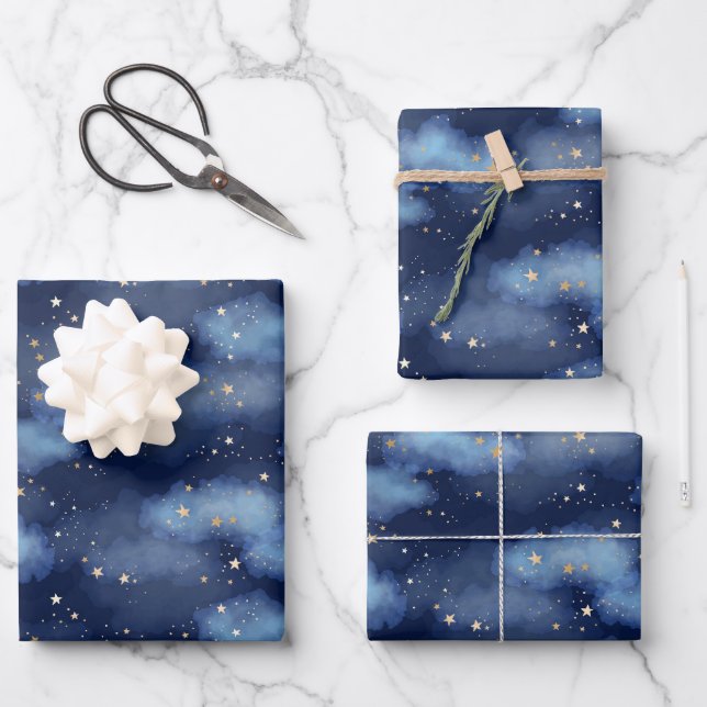 Feuille De Papier Cadeau Parties scintillant Gold Stars Dark Blue Sky Motif (Recto)