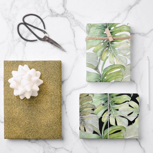 Feuille De Papier Cadeau Parties scintillant Gold Tropical Monstera Waterco (Recto)