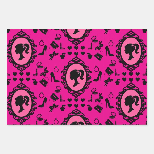 Feuille De Papier Cadeau Parties scintillant Poupée Anniversaire rose Glam  (Devant)