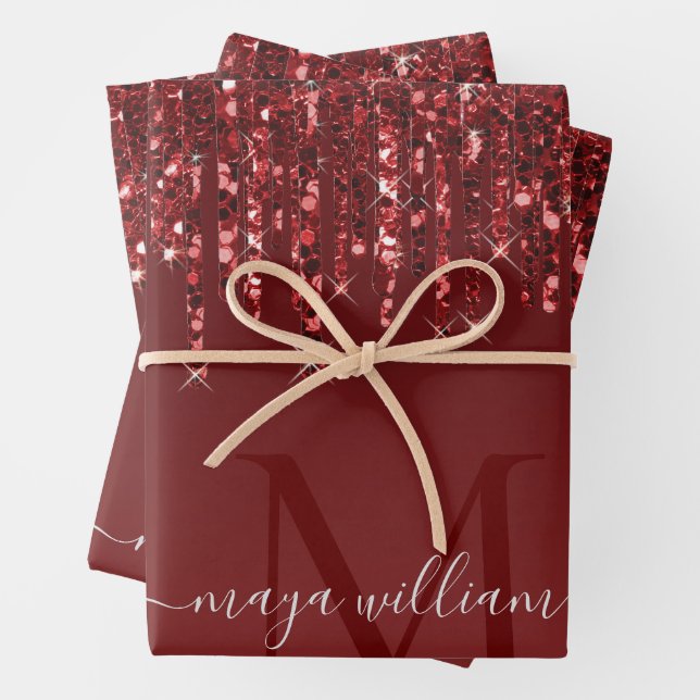 Feuille De Papier Cadeau Parties scintillant Rouge Lecteurs Monogramme Pers (En situation)