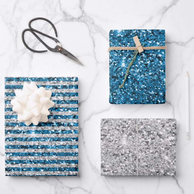 Feuille De Papier Cadeau Parties scintillant Turquoise Argent (Recto)