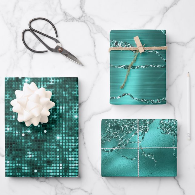 Feuille De Papier Cadeau Parties scintillant Turquoise design et effets de  (Recto)