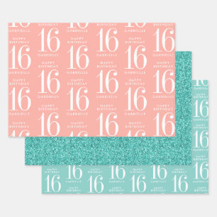 Feuille De Papier Cadeau Parties scintillant turquoise rose corail personna