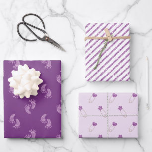 Feuille De Papier Cadeau Parties scintillant violet Pieds d'empreinte Baby
