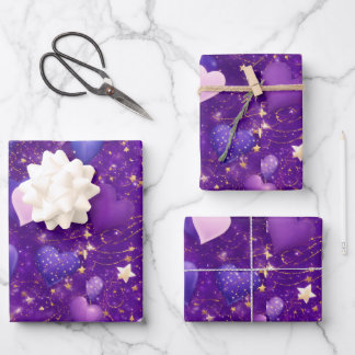 Feuille De Papier Cadeau parties scintillant violette avec coeur et étoiles