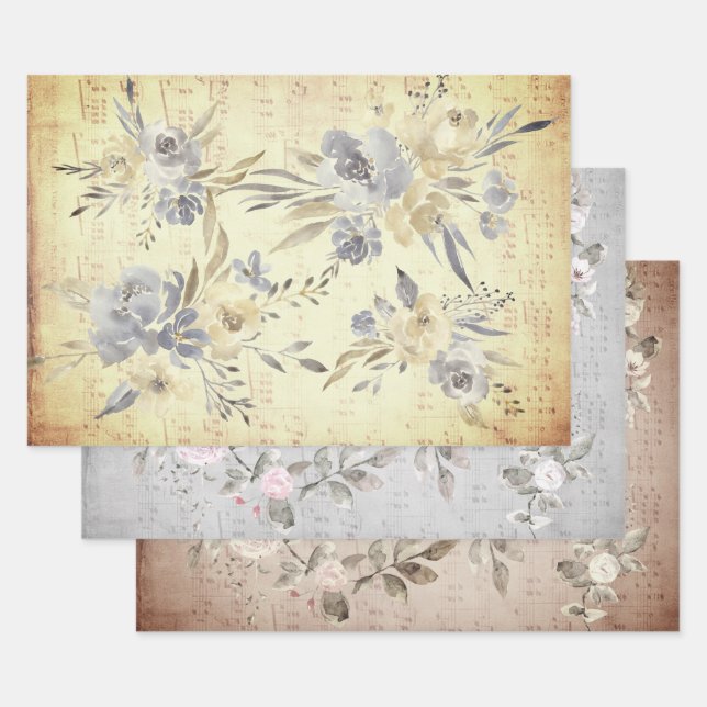 Feuille De Papier Cadeau Partition vintage fleurie (Lot)