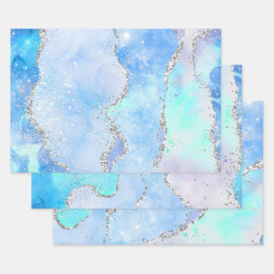 Feuille De Papier Cadeau Passé Glamour Bleu Pastel Et Paillettes D'Agate Ar