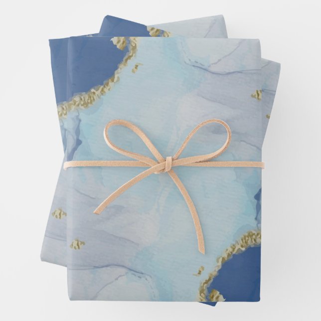 Feuille De Papier Cadeau Pastel Aquarelle Bleu Marbre Abstrait Motif (En situation)