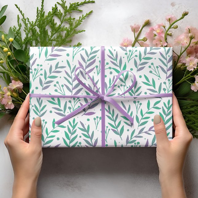 Feuille De Papier Cadeau Pastel aquarelle branches pourpre et vert (Créateur téléchargé)