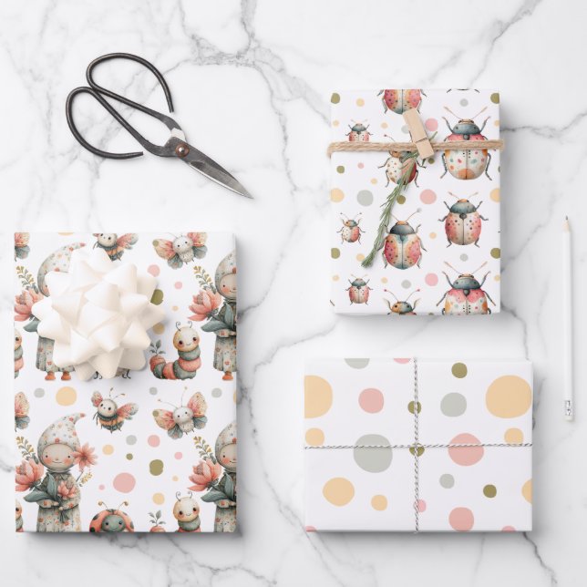 Feuille De Papier Cadeau Pastel Aquarelle Bugs Insecter Motif Whimsical (Recto)