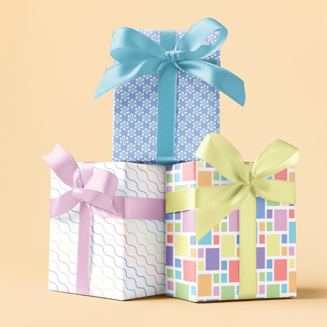 Feuille De Papier Cadeau Pastel arc-en-ciel bleu ensemble 3 (Pastel rainbow spring blue set of 3 wrapping paper sheets)