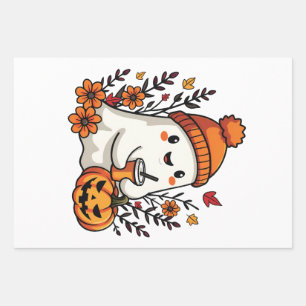 Feuille De Papier Cadeau Pastel Automne Kawaii Fantôme Automne Citrouille É