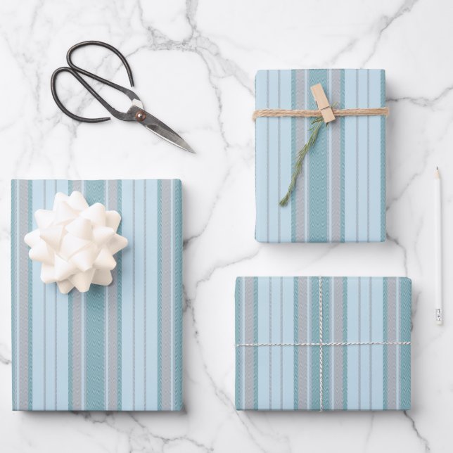 Feuille De Papier Cadeau Pastel Azur & Gris Chevrons Rayés (Recto)