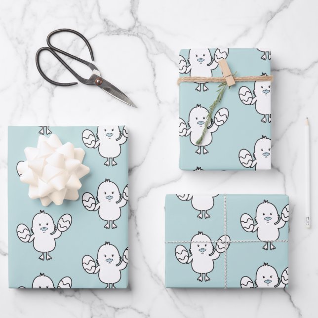 Feuille De Papier Cadeau Pastel Blue Cute Motif de poussins et d'oeufs de P (Recto)