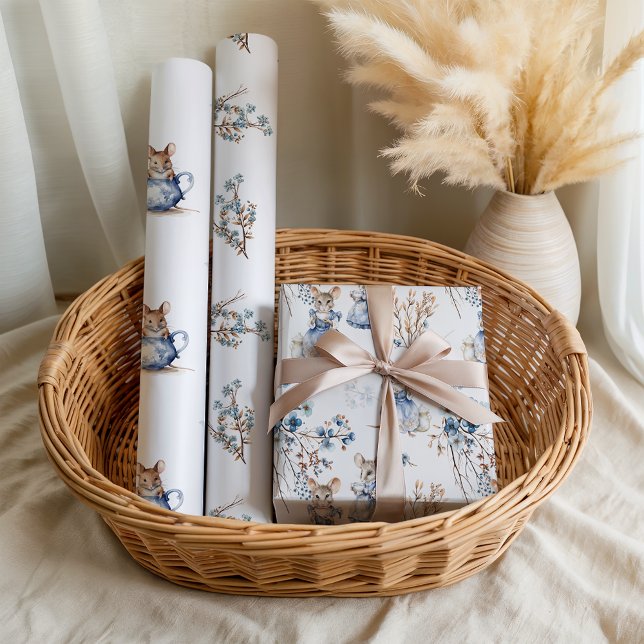 Feuille De Papier Cadeau Pastel Blue Floral Tea Mice (Créateur téléchargé)