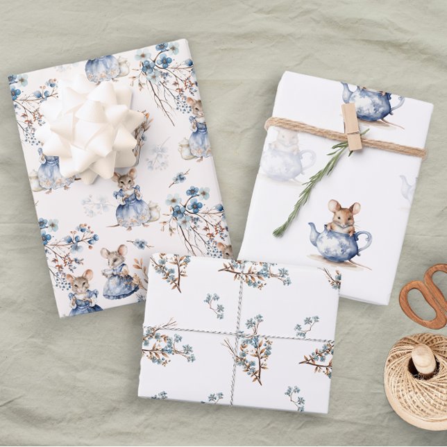 Feuille De Papier Cadeau Pastel Blue Floral Tea Mice (Créateur téléchargé)