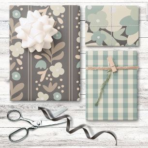 Feuille De Papier Cadeau Pastel Blue Grey Floral Country Cottage Plaid