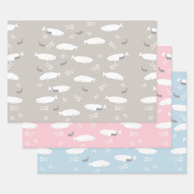 Feuille De Papier Cadeau Pastel Blue Rose Et Grey Beluga Baby Whale Design (Lot)