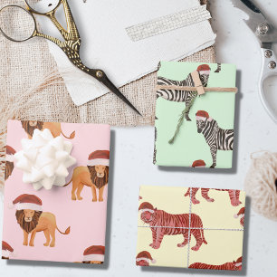 Feuille De Papier Cadeau Pastel Christmas Safari Animaux   Lion Zebra Tiger