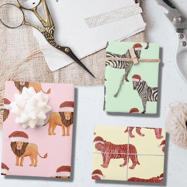 Feuille De Papier Cadeau Pastel Christmas Safari Animaux | Lion Zebra Tiger (Créateur téléchargé)