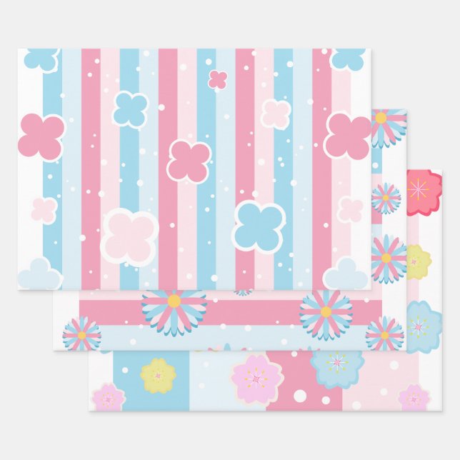 Feuille De Papier Cadeau Pastel Fleur Fleur Stripes Sakura Thème (Lot)
