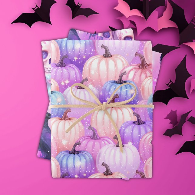 Feuille De Papier Cadeau Pastel Halloween Citrouilles, Crânes, Corbeaux, Ro (Créateur téléchargé)