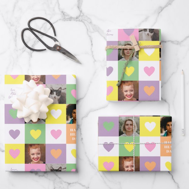 Feuille De Papier Cadeau Pastel Heart Checkerboard with Photos Valentine (Recto)