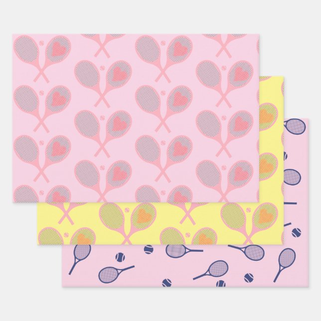Feuille De Papier Cadeau Pastel Heart Tennis Player Racquets Ball Preppy (Lot)