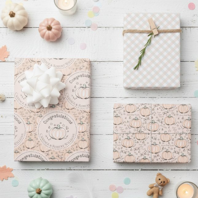 Feuille De Papier Cadeau Pastel Orange Citrouille Maman à être Félicitation (Cute Pastel Orange Congratulations Little Pumpkin Thanksgiving Baby Shower Wrapping Paper for Her)