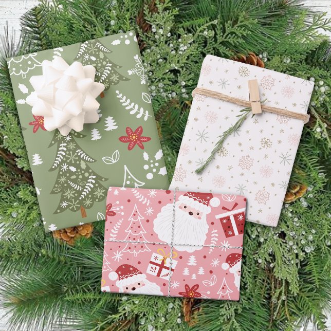 Feuille De Papier Cadeau Pastel Pink Green Tree Père Noël Flèches de neige  (Créateur téléchargé)