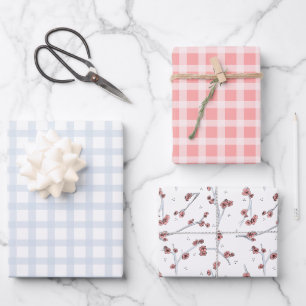 Feuille De Papier Cadeau Pastel printemps bleu et rose tartan et Sakura