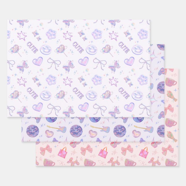 Feuille De Papier Cadeau Pastel Purple Pink Y2K Aesthetic Kitsch Pattern (Lot)