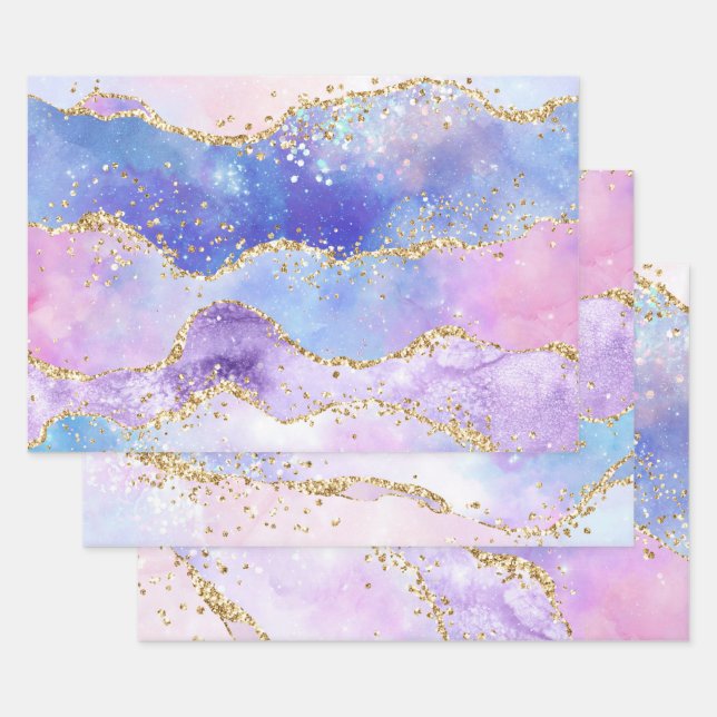 Feuille De Papier Cadeau Pastel Purple, Rose & Or Parties scintillant Agate (Lot)