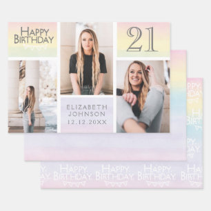 Feuille De Papier Cadeau Pastel Rainbow Photo Collage 21e anniversaire