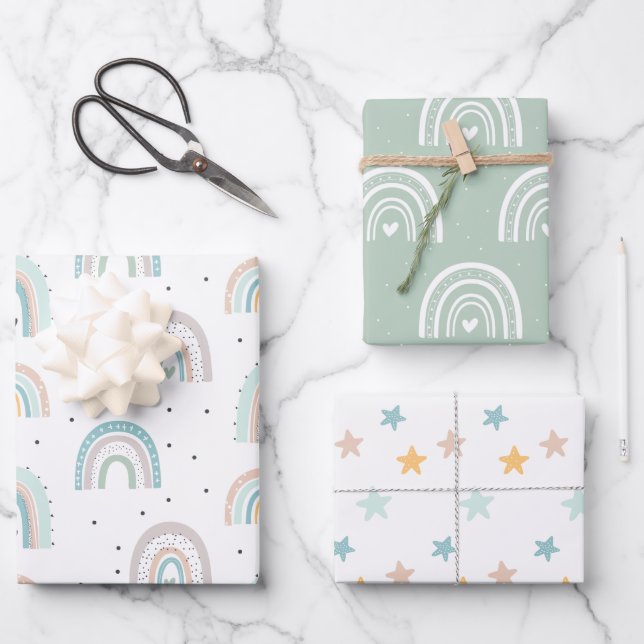 Feuille De Papier Cadeau Pastel Rainbow Stars Baby Gren Blue (Recto)