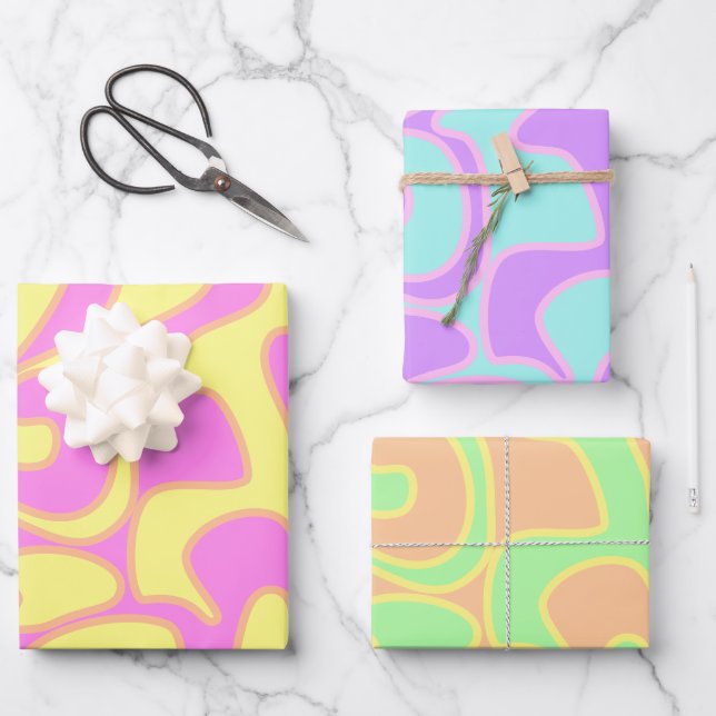 Feuille De Papier Cadeau Pastel Rainbow Super Retro Fluid Art unique (Recto)