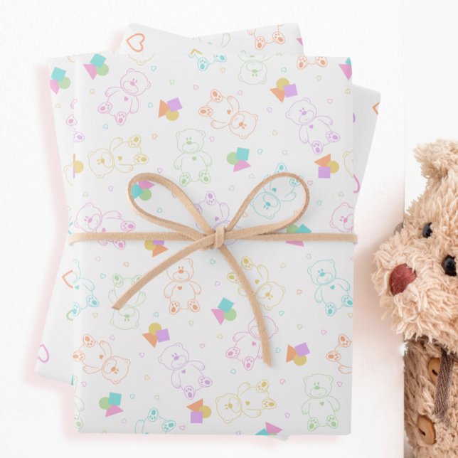 Feuille De Papier Cadeau Pastel Rainbow Tossed Nounours avec coeur (Créateur téléchargé)