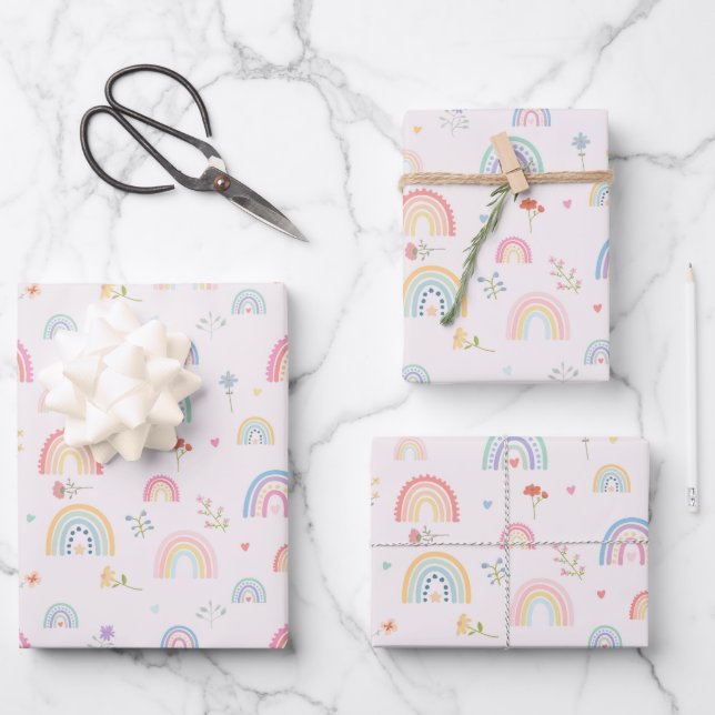 Feuille De Papier Cadeau Pastel Rainbows Girly Fleurs sauvages & Coeurs (Recto)