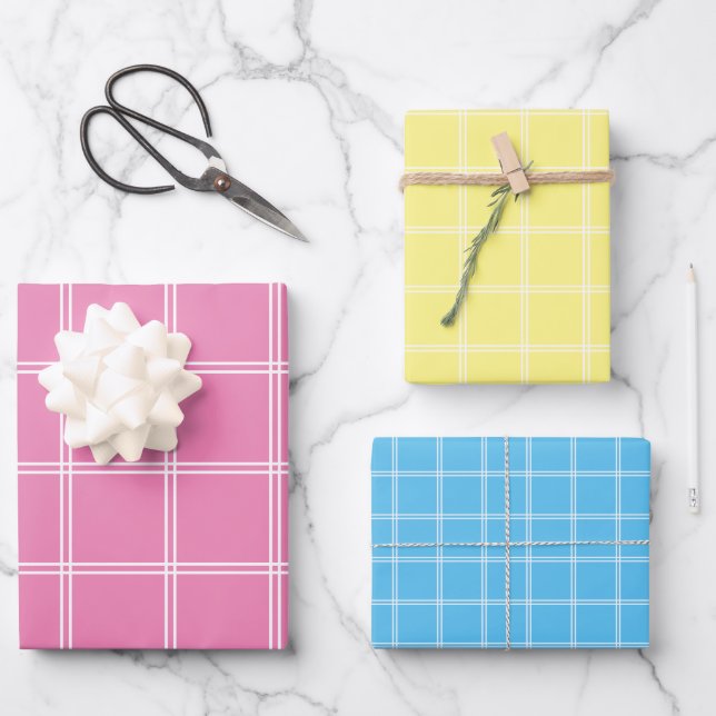 Feuille De Papier Cadeau Pastel rose jaune bleu et blanc mince plaid (Recto)