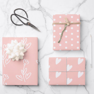 Feuille De Papier Cadeau Pastel Rose Jolies Fleurs Coeurs Pois