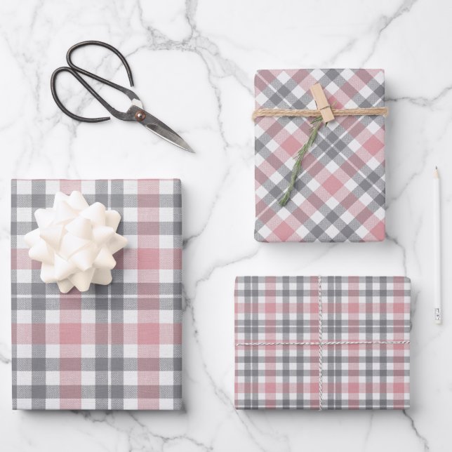 Feuille De Papier Cadeau Pastel rose poudré gris blanc motif carreaux (Recto)