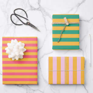 Feuille De Papier Cadeau Pastel rose, Rose, Jade et rayures jaune clair